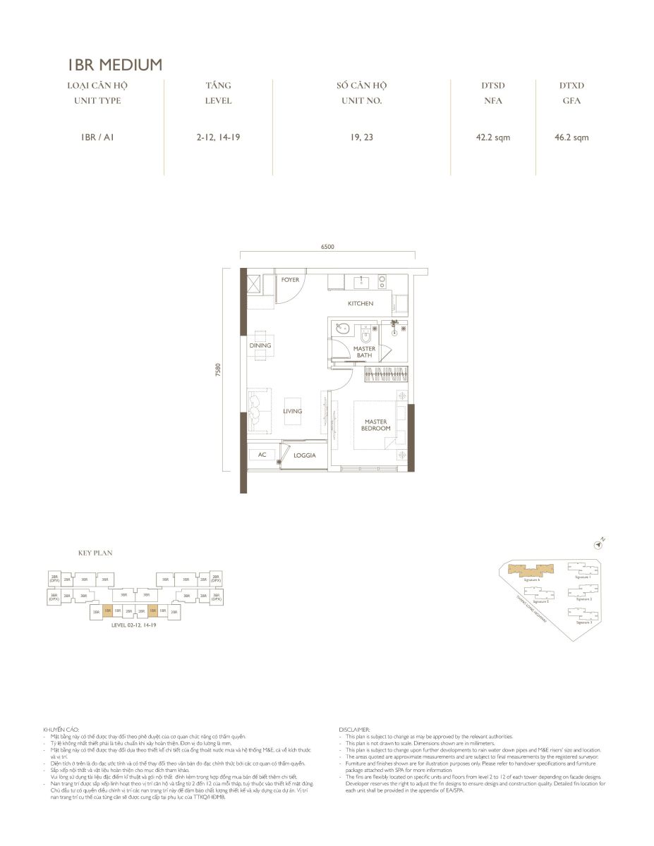 Layout 1 phòng ngủ tại tòa S6 dự án Lumi Hanoi