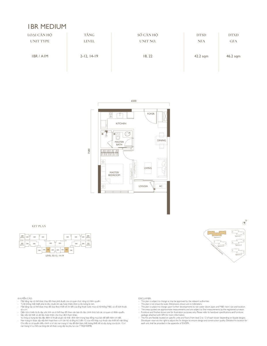 Layout 1 phòng ngủ tại tòa S6 dự án Lumi Hanoi